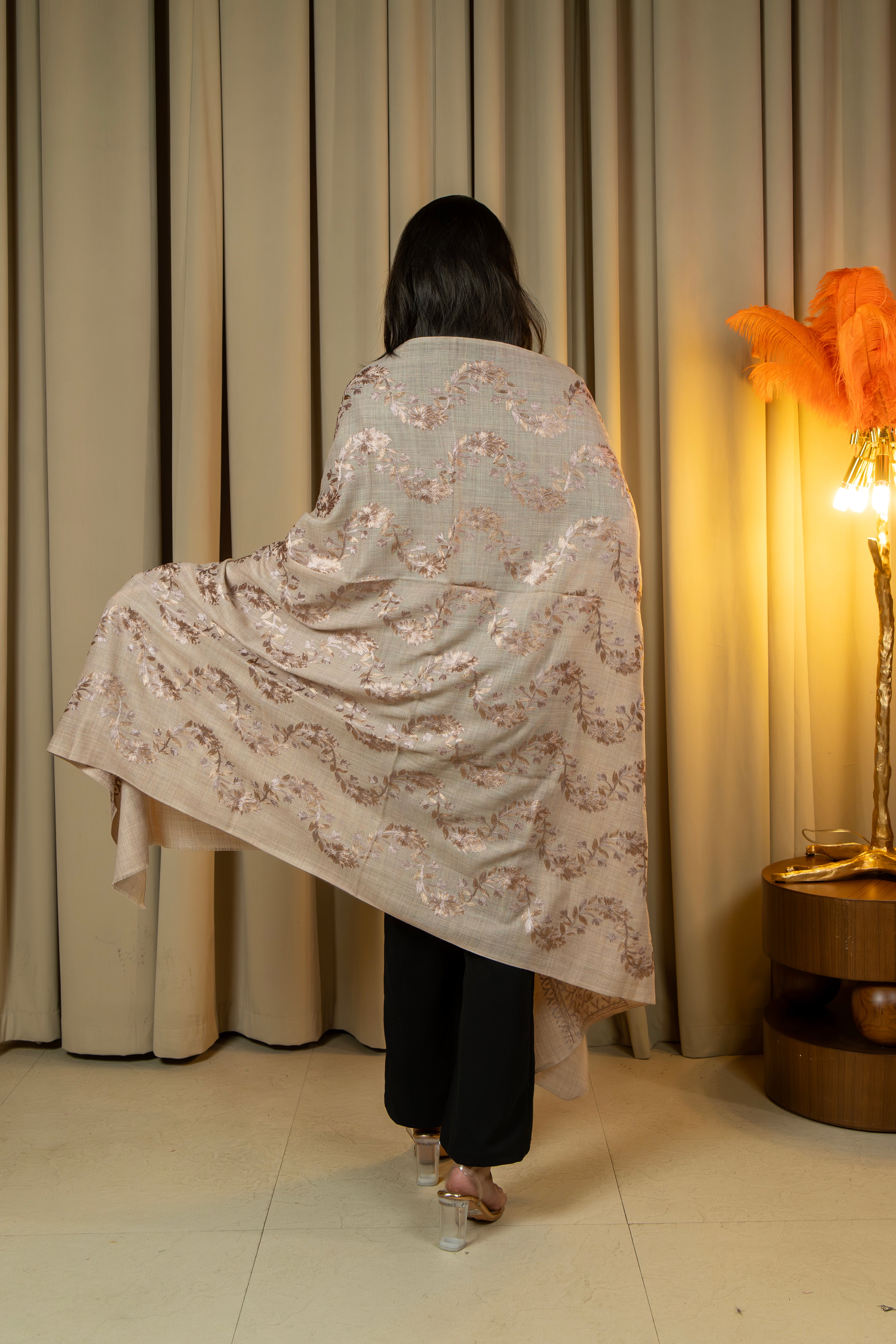 Aari Embroidered Beige Poly Wool Shawl For Women